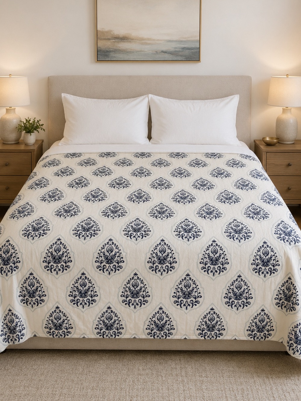 West Elm Queen Duvet Cover Jay Street Block Print Cotton Floral Blue White - Picture 1 of 8